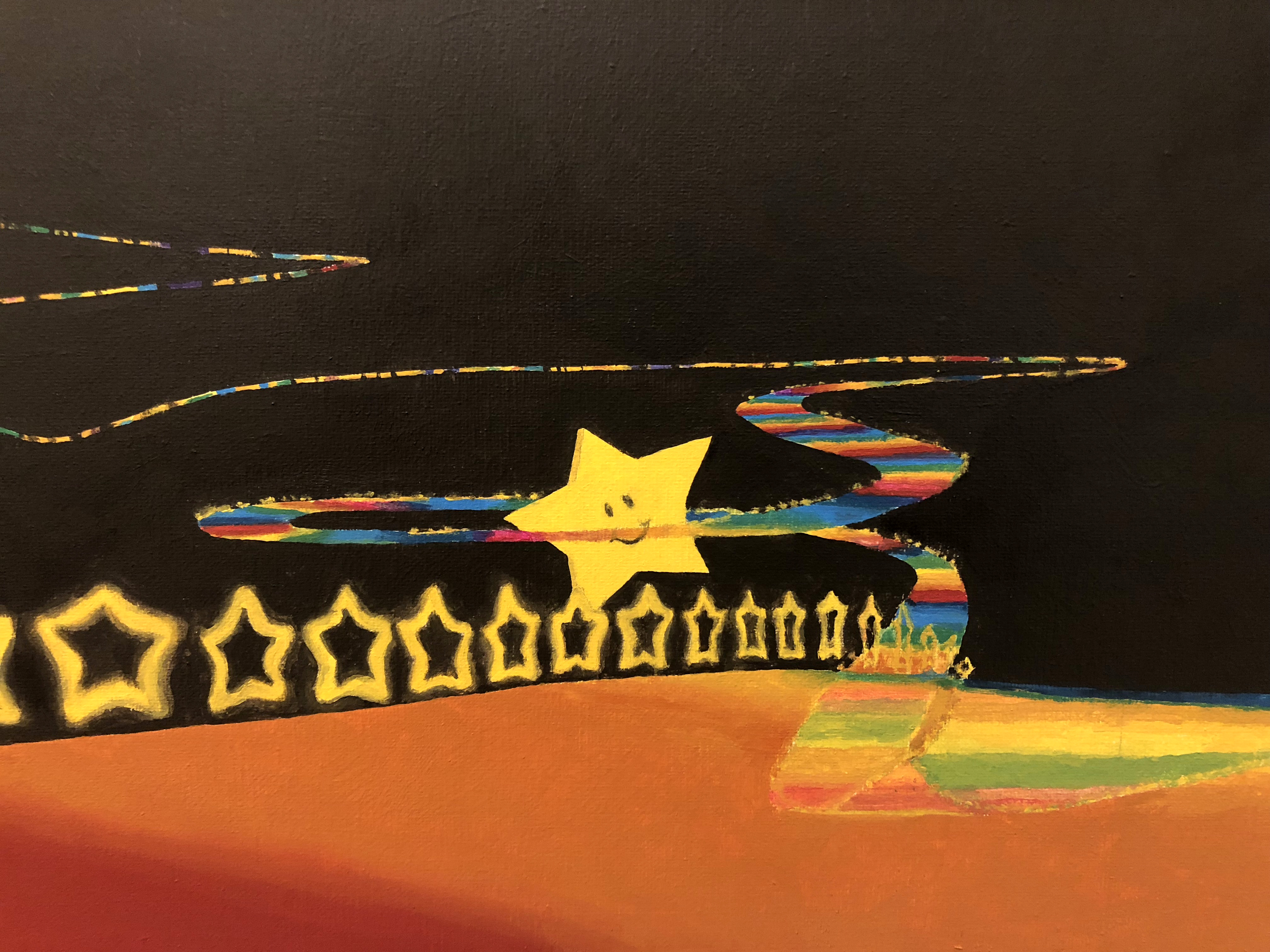 Detail of a painting of a rainbow road and a star in black space
